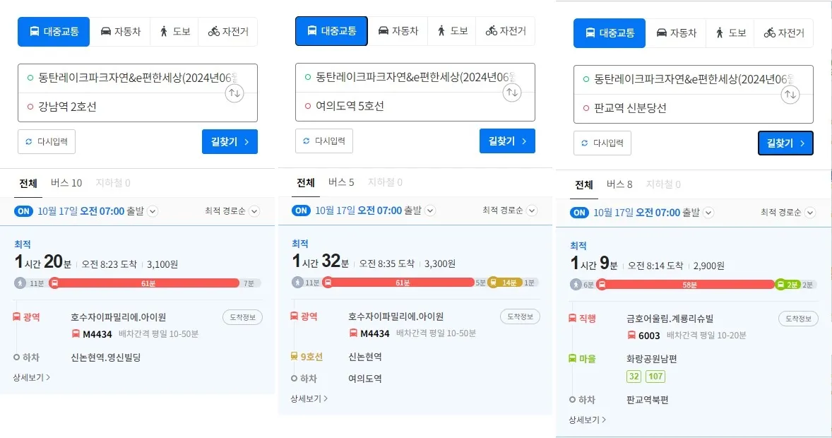 강남(1시간20분) 여의도(1시간32분) 판교(1시간9분) 까지 거리