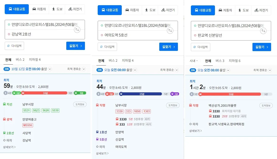 강남(59분) 여의도(44분) 판교(1시간2분) 와의 거리