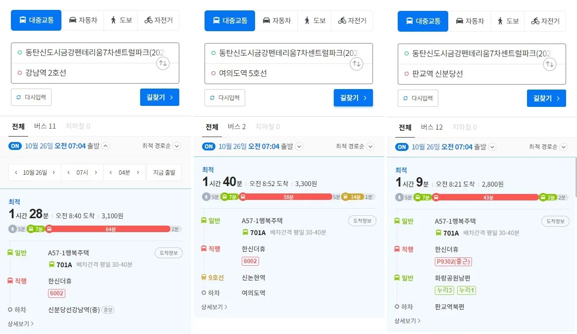 강남(1시간28분) 여의도(1시간40분) 판교(1시간9분)