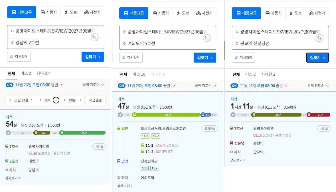 강남역(54분) 여의도역(47분) 판교역(1시간11분)